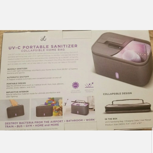 NEW Vei Oli UV-C Portable Sanitizer Collapsible Home Bag Kills 99.9% Of Bacteria - Picture 2 of 4